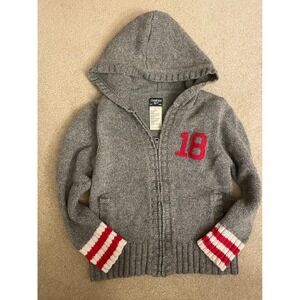 OshKosh Bgosh Gray Knit Hoodie Full Zip Red 18 Applique Stripe Cuffs Size 6